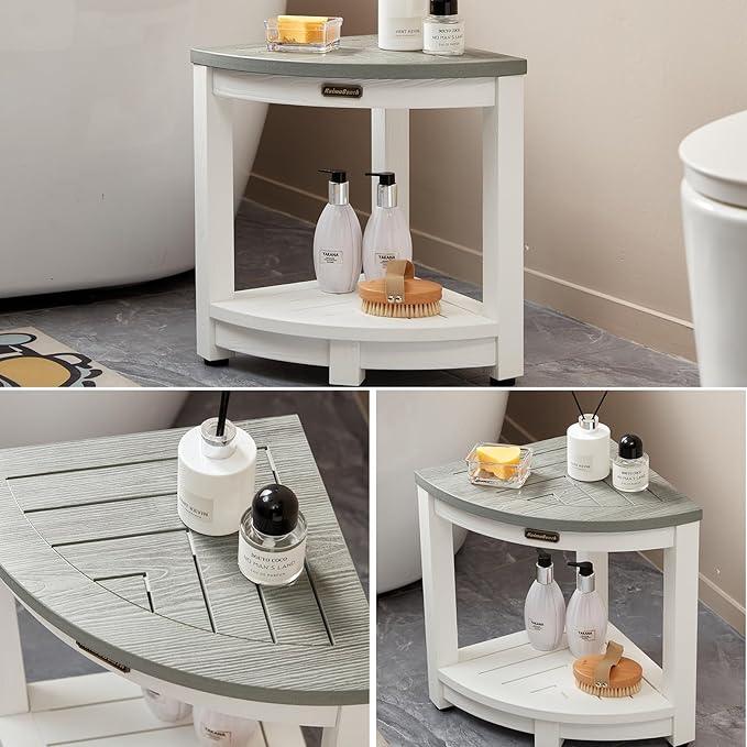 HDPS Corner Shower Stool, Heavy Duty Bench Seat with Shelf, Poly Shower Chair for Shaving Legs, No Maintenance, White+Gray, Weight Capacity 500LBS - ModernBath
