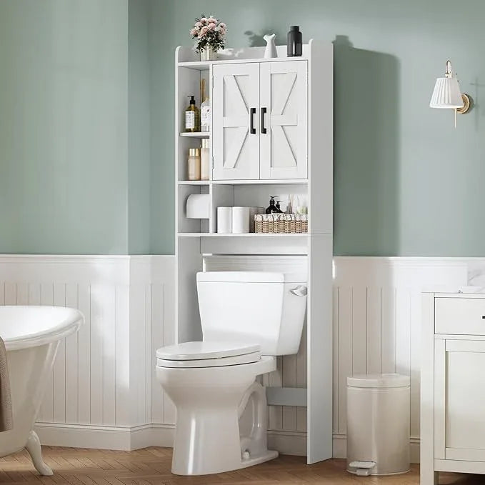 TEENFON Over The Toilet Storage Cabinet with 4 Open Shelves and Adjustable Shelf, Extra Tall Bathroom Organizer Unit with 2 Barn Doors, Home Space Saver for Bathroom, Laundry Room, White - ModernBath