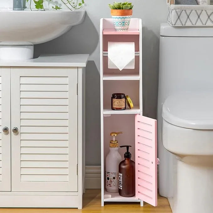 AOJEZOR Toilet Paper Holder Stand: Small Bathroom Storage Cabinet - Jelly Pink - White - ModernBath