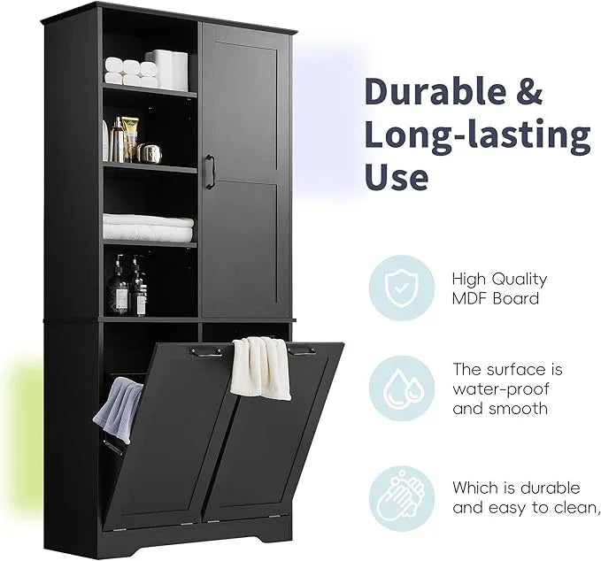 Bathroom Storage Cabinet with Doors and Drawers, Tilt-Out Laundry Hamper, Multiple Storage Space, Freestanding Style, Open Shelve, Adjustable Shelf (Black) - ModernBath