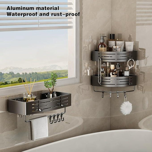 VOLPONE Corner Shower Caddy Adhesive Shower Shelf Corner No Drilling Bathroom Shower Organizer Storage Rack Rust-proof with Towel Bar (2-Pack, Gray) - ModernBath