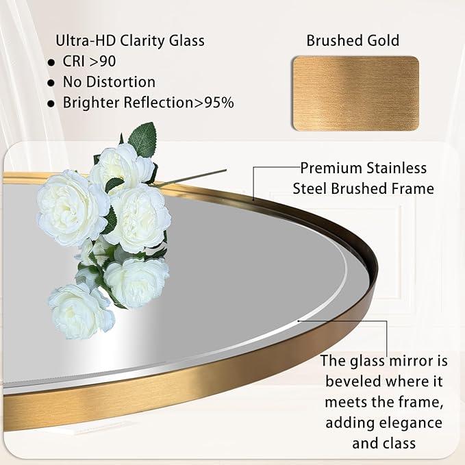 POZINO Gold Beveled Mirror, 28"x48" Modern Rounded Rectangle Mirrors, Large Brass Oval Mirrors, Oblong Vanity Wall Mirror for Bedroom Living Room Entryway Fireplace, Hangs Horizontal Or Vertical - ModernBath