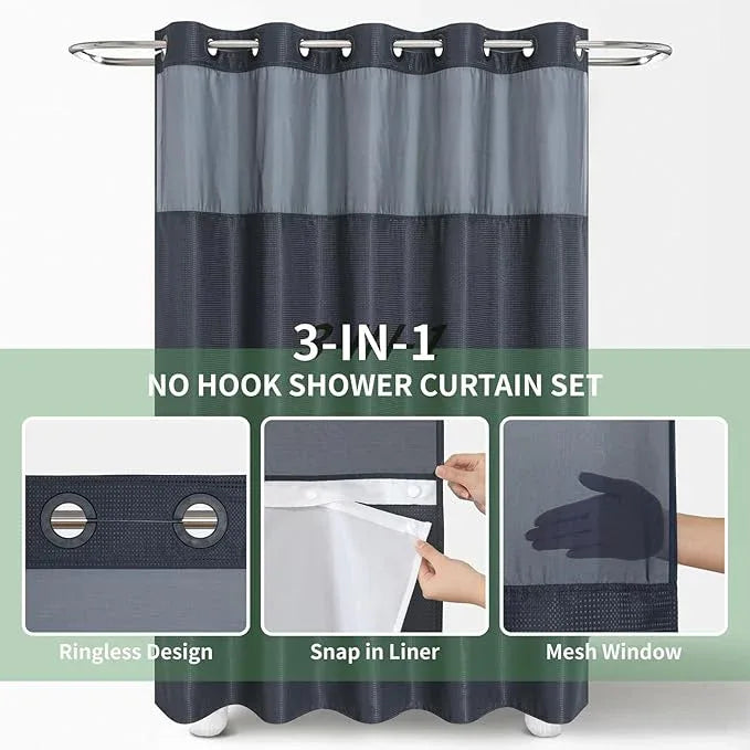 eachope Stall No Hook Shower Curtain with Snap-in Fabric Liner Set,Waffle Weave Shower Curtains for Bathroom,Hotel Luxury Decor Bathroom Curtain Set,Waterproof & Washable,Navy,54Wx80H - ModernBath