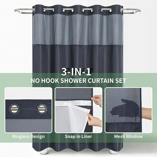 eachope Stall No Hook Shower Curtain with Snap-in Fabric Liner Set,Waffle Weave Shower Curtains for Bathroom,Hotel Luxury Decor Bathroom Curtain Set,Waterproof & Washable,Navy,54Wx80H - ModernBath