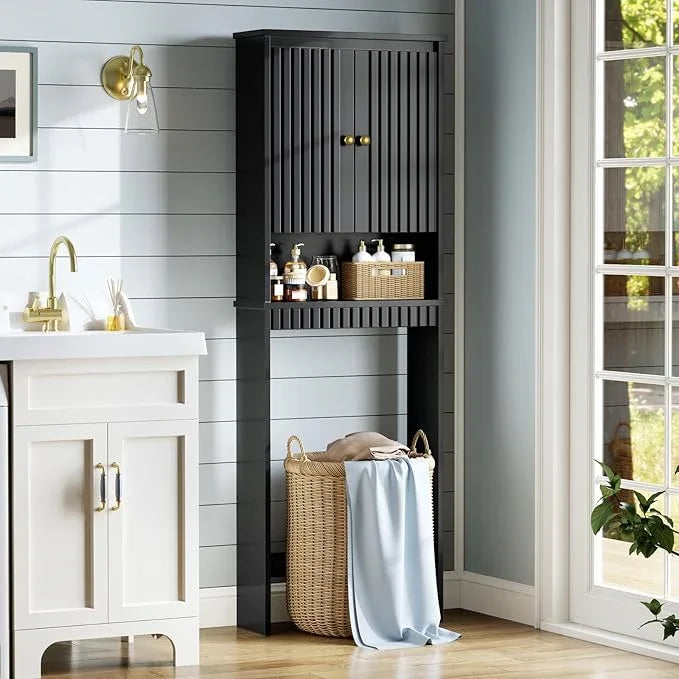 Over The Toilet Storage Cabinet, Over The Toilet Storage with Fluted Door Over The Toilet Cabinet with Adjustable Shelf Above The Toilet Storage Cabinet for Bathroom Organizer, Black - ModernBath