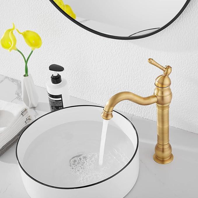 GGStudy 360° Swivel Antique Brass Bathroom Vessel Sink Faucet Single Handle One Hole Matching with Pop Up Drain - ModernBath