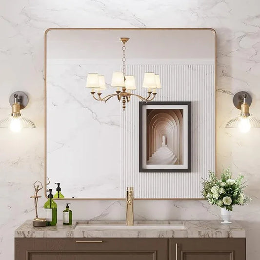 LOAAO 36”X36” Gold Bathroom Mirror, Rounded Rectangle Gold Frame Mirror, Brushed Gold Bathroom Vanity Mirror Wall-Mounted, Anti-Rust, Tempered Glass, Hangs Horizontally or Vertically - ModernBath