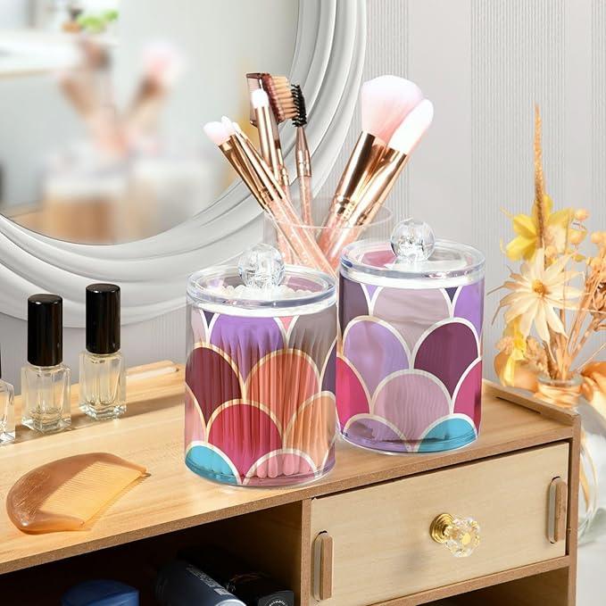 Tatenale Qtip Holder Bathroom Set Q tip Cotton Ball Swab Pad Dispenser Container Organizer Plastic Jars with Lids Storage 2Pack Abstract Geometric Shape - ModernBath