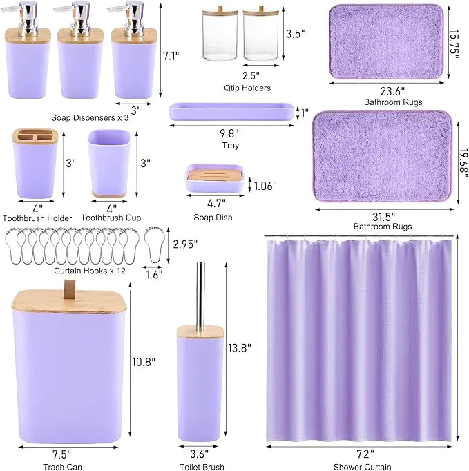 XLHOMO Bathroom Sets with Shower Curtain and Rugs, 27PCS Purple Bathroom Accessories Set with Trash Can, Purple Shower Curtain Set, No Slip Super Absorbent Bathroom Rugs - ModernBath