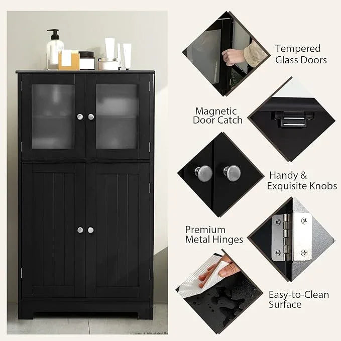 GOFLAME Bathroom Storage Cabinet, Freestanding Storage Cabinet with 4 Doors, Wooden Kitchen Cupboard with Adjustable Shelf, Buffet Sideboard, Multipurpose Home Organizer for Bathroom, Kitchen, Black - ModernBath