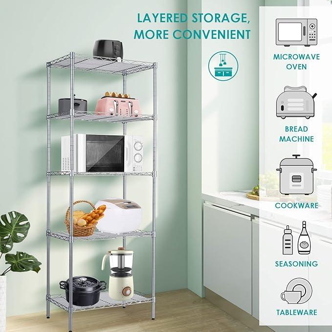 BNSPLY 5 Tier Wire Shelving Unit, Adjustable Wire Rack Shelving, Changeable Metal Wire Storage Shelves for Kitchen, Laundry, Bathroom, Balcony, Pantry (11.4" D x 21.3" W x 59" H, Silver) - ModernBath