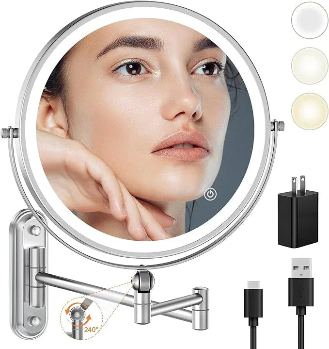 9" Wall Mounted Makeup Lighted Mirror, 4000mAh Rechargeable Double Sided LED Vanity Mirror with Height Adjustable&1X/10X Magnification, 3 Color Lights Touch Screen Dimmable 360°Swivel Bathroom Mirror - ModernBath