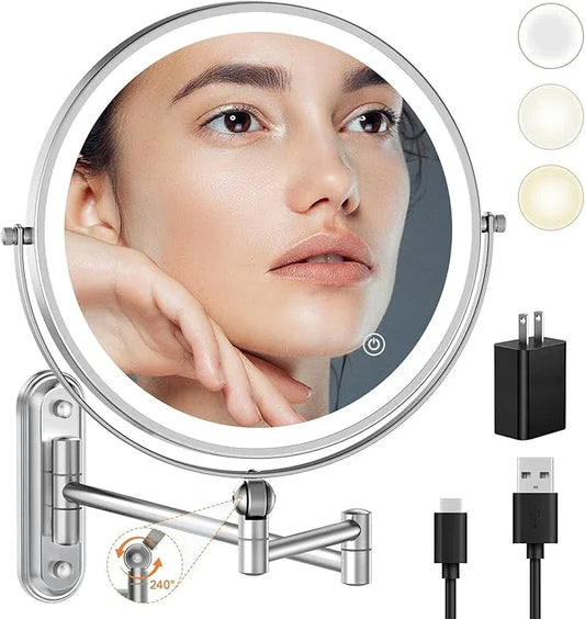 9" Wall Mounted Makeup Lighted Mirror, 4000mAh Rechargeable Double Sided LED Vanity Mirror with Height Adjustable&1X/10X Magnification, 3 Color Lights Touch Screen Dimmable 360°Swivel Bathroom Mirror - ModernBath