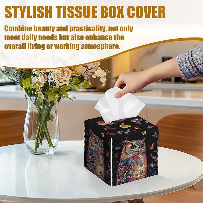 Coloful Owl Butterfly Tissue Box Cover 2PCS, Leather Tissue Box Holder Square Facial Paper Case Tissue Box Cube Organizer for Bathroom Bedroom Desk Office - ModernBath