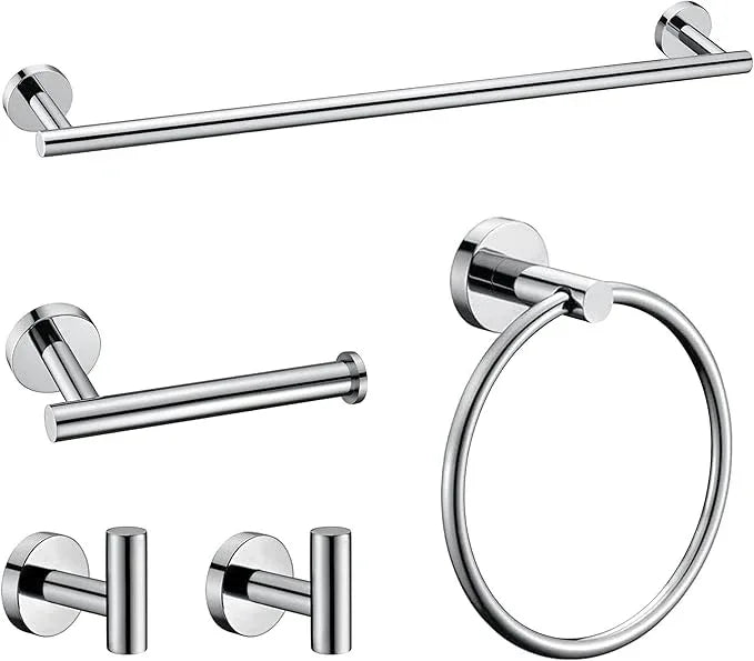 5 Pieces Polished Chrome Bathroom Hardware Accessories Set, SUS304 Stainless Steel 24 Inch Bath Towel Bar Set, Round Bathroom Towel Holder Set, Towel Racks for Bathroom Wall Mounted - ModernBath