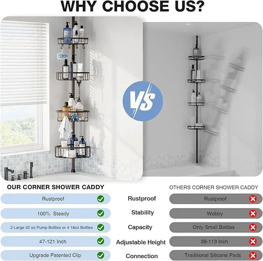 Corner Shower Caddy Tension Pole: Stainless Steel Rustproof 4-Tier Shower Organizer - 47-121 inch Adjustable Bathroom Shelves for Bathtub Shampoo Storage - Tension Rod Floor Standing Bath Rack -Bronze - ModernBath