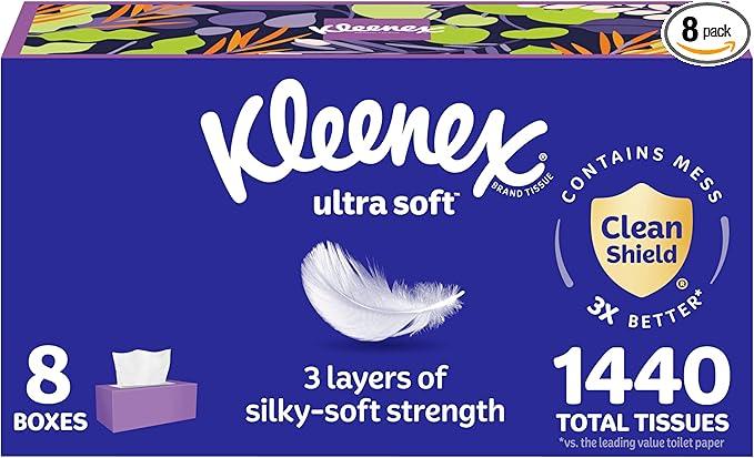 Kleenex Ultra Soft Facial Tissues, 8 Flat Boxes, 180 Tissues per Box, 3-Ply, Packaging May Vary - ModernBath