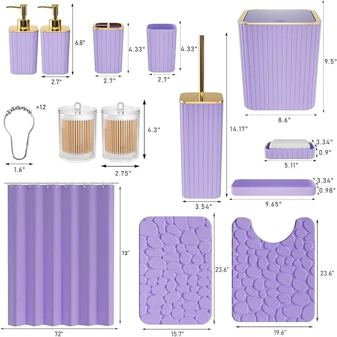 XLHOMO Bathroom Accessories Set - 25PC Bathroom Sets with Shower Curtain and Rugs, Purple Bathroom Set with Trash Can, Soap Dispenser, Soap Dish & Toilet Brush - ModernBath