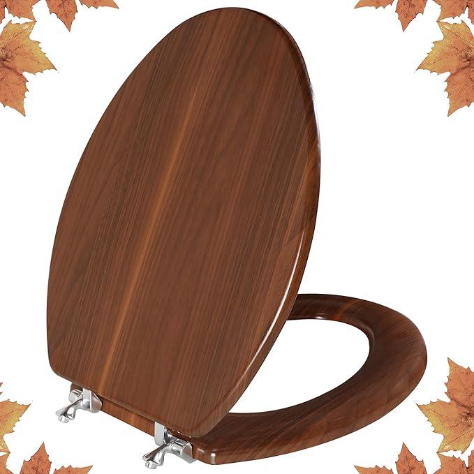 Angol Shiold Elongated Wooden Toilet Seat with Zinc Alloy Hinges, Easy to Install and Clean, Anti-pinch, Walnut - ModernBath
