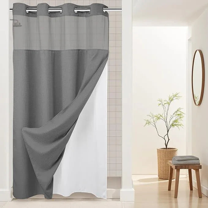 River Dream Heavyweight No Hooks Required Dotted Waffle Weave Shower Curtain with Snap in Liner -Stall 54W x 80H,Hotel Grade,Spa Like Bath Curtain,Gray - ModernBath