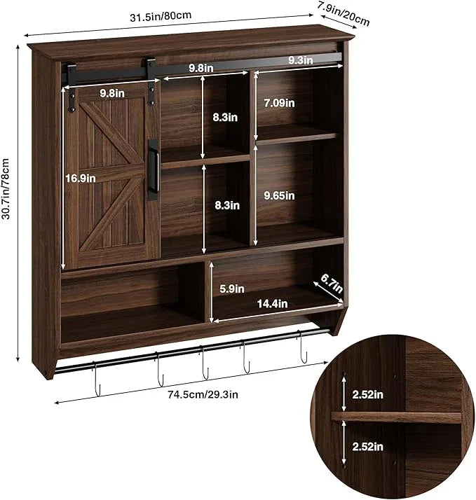 RUSTOWN Farmhouse Bathroom Wall Cabinet,3-Tier Rustic Wood Wall Mounted Cabinets,Vintage Medicine Cabinet with Sliding Barn Door and Adjustable Shelves,Over The Toilet Storage Cabinet (Dark Walnut) - ModernBath