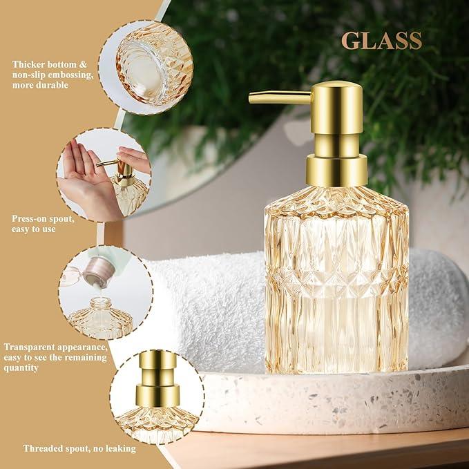 Ulable Bathroom Accessories Set, 5Pcs Gold Glass Bathroom Accessories Set with Gold Soap Dispenser, Soap Dish, Toothbrush Holder, Tumbler, Cotton Swab Jars - ModernBath