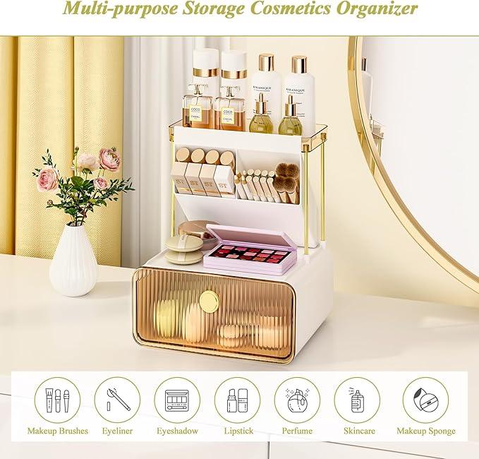 FOLLOWIN 3 Tiers Makeup Organizer with Drawer,Cosmetic Display with Lipsticks Brush Holder,Cosmetics and Beauty Supplies Organizers for Vanity,Dresser,Bathroom Desktop Countertop Organizer,Amber - ModernBath