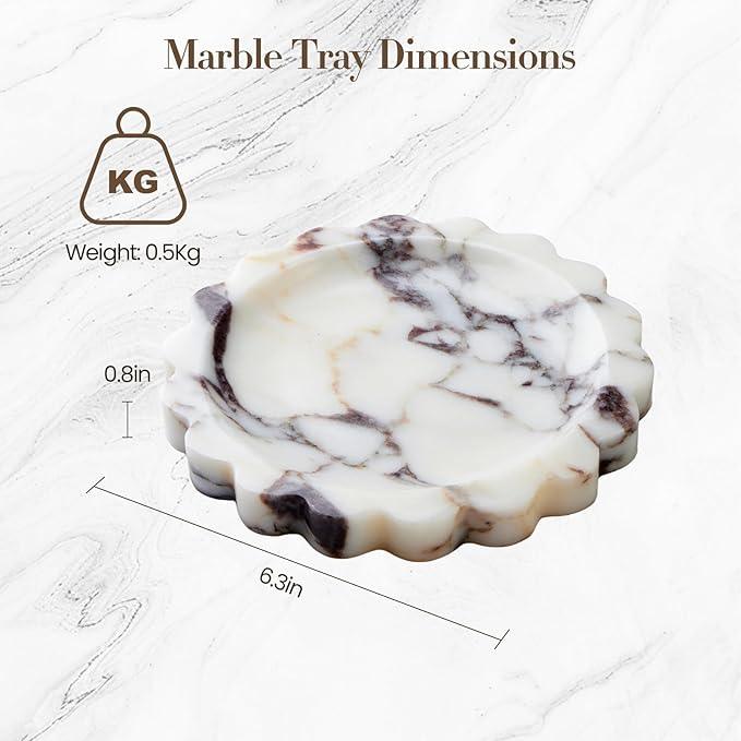 SAMAH Calacatta Viola Scalloped Marble Tray, Natural Marble Jewelry Dish, Luxury Decorative Trays for Bathroom, Vanity, Dresser, Kitchen & Home Decor, House Warming Gifts New Home (Round, 6.3Inch) - ModernBath