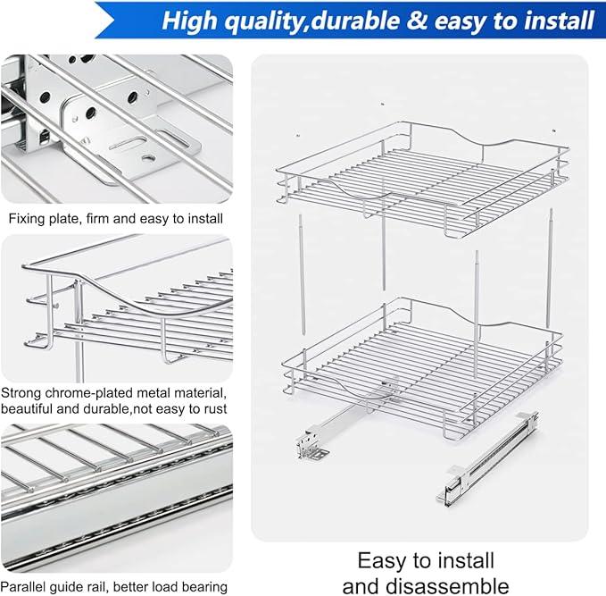 FULGENTE Chrome Finish 2 Tier (17" W X 18" D) Pull Out Drawer Cabinet Organizer Heavy Duty Slide Out Pantry Shelves Sliding Basket Storage For Home Kitchen Bathroom Under Sink Organization - ModernBath