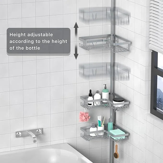 KEGII 4-Tier Corner Shower Caddy Tension Pole - Adjustable Shower Tension Rod Organizer, Floor to Ceiling Shower Caddy 25-114.2 inch, Shower Towel Rack Corner Waterproof, Light Gray - ModernBath