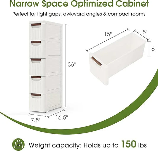 5 Drawers Narrow Storage Cabinet, Slim Bathroom Storage Cabinet, Plastic Rolling Cart Organizer for Small Spaces, Laundry, Office, Home, White - ModernBath
