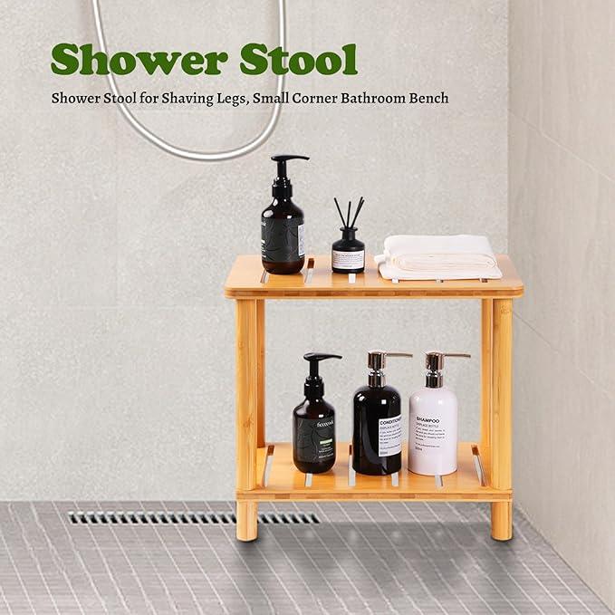 Bamboo Shower Bench Stool, Shower Stool for Inside Shower with Storage Shelf, Waterproof Shower Chair Spa Bath Seat, Bathroom Bench Seat for Adults for Indoor or Outdoor Use. - ModernBath