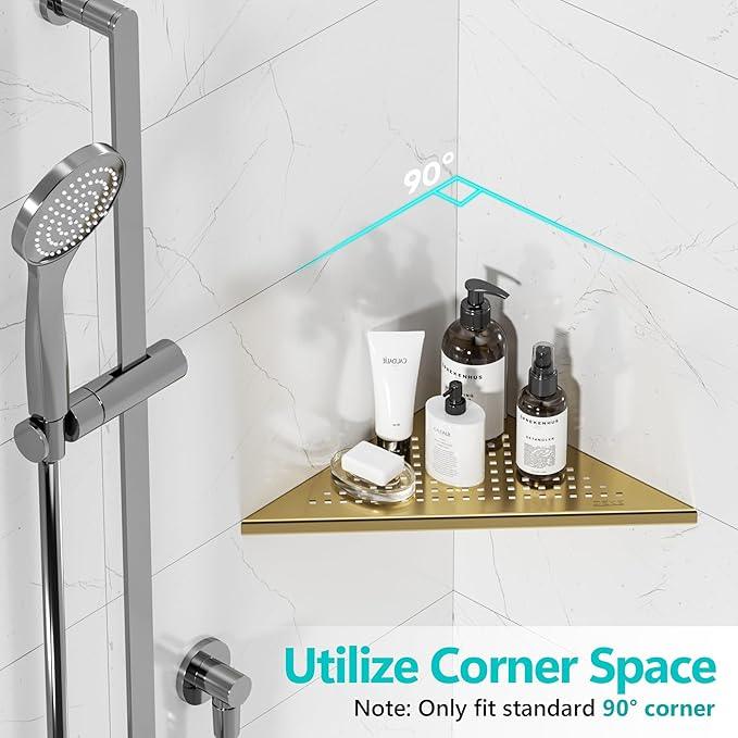 Bathroom Corner Shelf, Recessed 10" Shower Shelf Caddy, SUS304 Stainless Steel Shelf Wall Mount Triangular, No Drilling, Brushed Golden - ModernBath