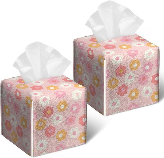 Retro Pink Flower Tissue Box Cover 2PCS, Leather Tissue Box Holder Square Facial Paper Case Tissue Box Cube Organizer for Bathroom Bedroom Desk Office - ModernBath