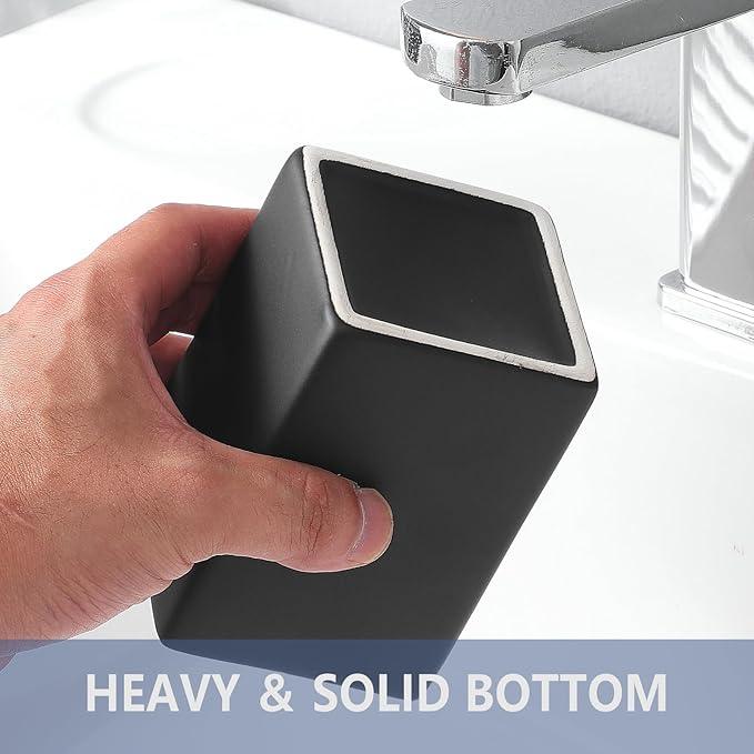 Black Square Toothbrush Holders for Bathrooms - 2 Cups Ceramic Square Toothbrush Toothpaste Holders Set, Bathroom Tumbler Cups Reusable Toothbrush Mouthwash Cup, Bathroom Counter Organizer. - ModernBath