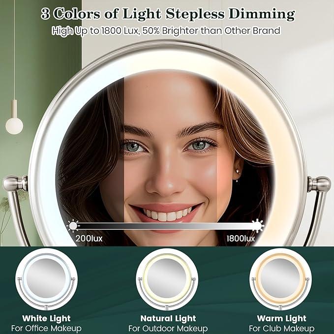 VESAUR 11.8" Extra Large 17" Tall Lighted Makeup Mirror, 1X/5X/10X 3-Sided Magnifying Mirror with 96 LEDs, 3 Color Dimmable Lights, 360° Swivel Dual Power Vanity Mirror, Nickel Finish Luxury Gift Box - ModernBath
