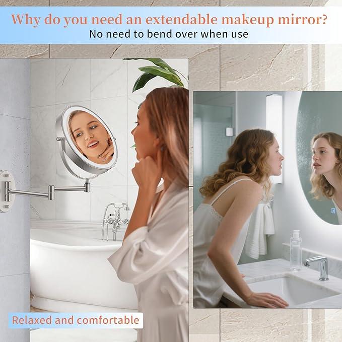 FUNTOUCH 9" 5000mAh Rechargeable Wall Mount Makeup Mirror with Lights, 30X/1X Magnifying Double Sided Mirror, 3 Color Lights,Touch Dimmable, 360 Rotation Extended Arm with Adapter,Brush Nickel - ModernBath