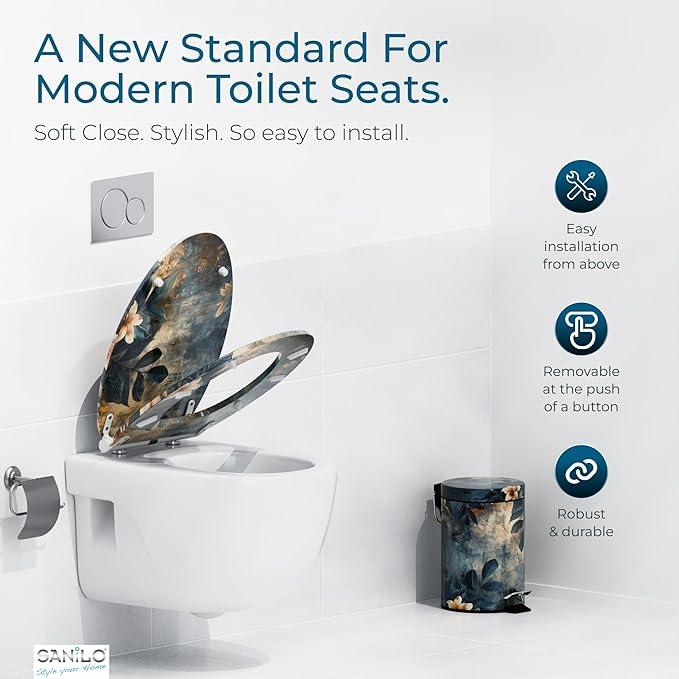 Sanilo Wooden Toilet Seat with Quick Release & Soft Close [ELONGATED] - Decorative & Slow Close Molded Wood Seat - With One Click for Easy Installation & Cleaning - With Adjustable Fit (Lilybud) - ModernBath