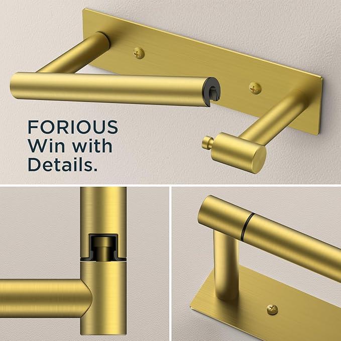 FORIOUS Toilet Paper Holder, Adhesive or Wall Mounted Options, Stainless Steel Rustproof Stick on no Drilling Double Post Pivoting Toilet Tissue Roll Holder Wall Mount for Bathroom, Brushed Gold - ModernBath