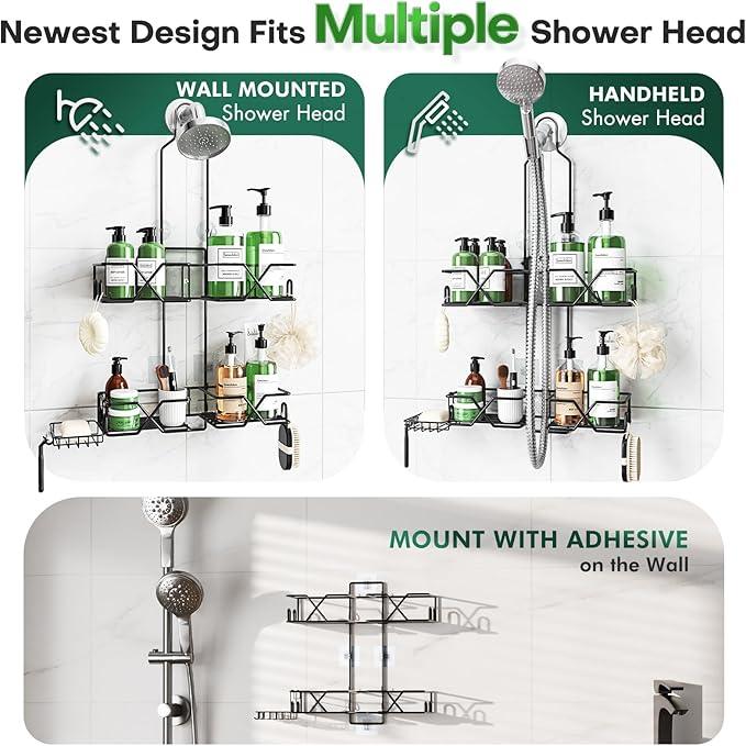 Sewulidon Stainless Steel Hanging Shower Caddy for Handheld Shower Heads,Adjustable Height Extra Long Bathroom Shower Organizer Hanger Rack with Hooks,Soap Holder - ModernBath