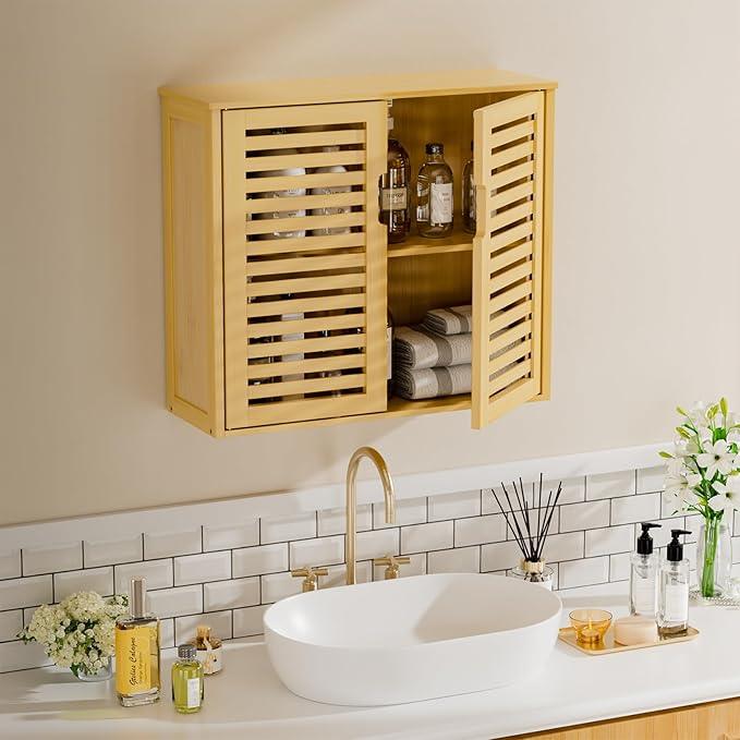 HITNET Bathroom Wall Cabinet, Medicine Cabinet Over The Toilet, Bamboo Hanging Storage Organizer with 2 Doors and Adjustable Shelf for Kitchen, Living Room, Natural - ModernBath