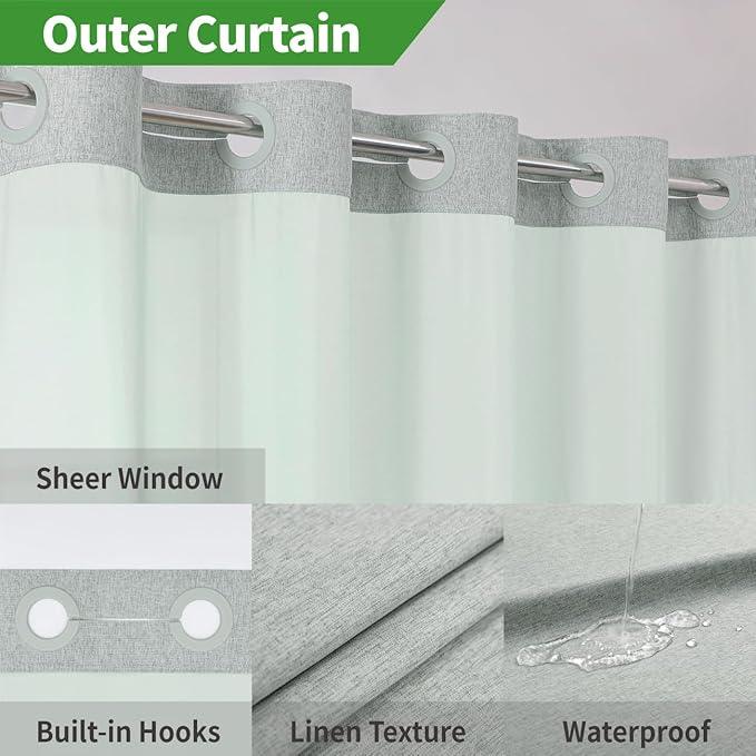 eachope Extra Long No Hooks Needed Linen Textured Shower Curtain with Snap-in Fabric Liner Set,Sage Green Hotel Luxury Decor Shower Curtains for Bathroom,Waterproof & Washable,71Wx86H - ModernBath