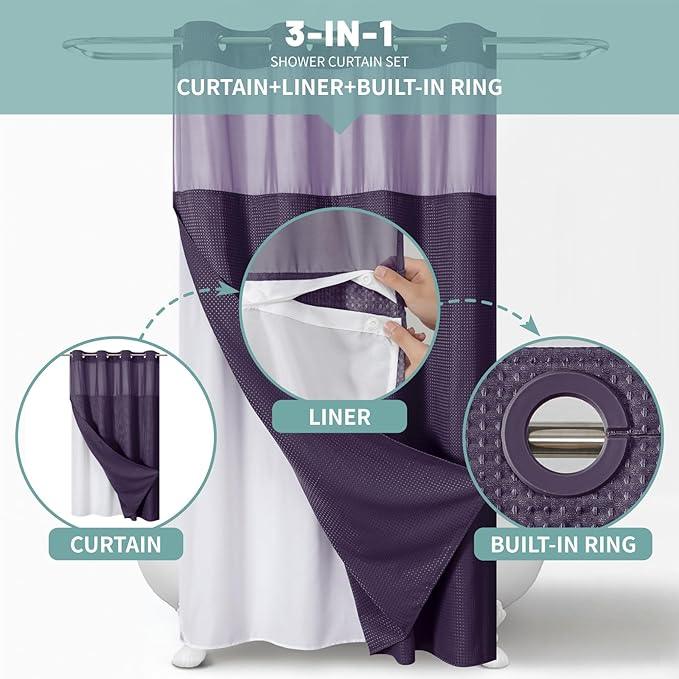 eachope Purple No Hook Waffle Weave Shower Curtain with snap-in Liner Replacement, 230GSM Waterproof Fabric Hotel Shower Curtain Set for Bathroom, Through Mesh Top Window,54Wx80H - ModernBath