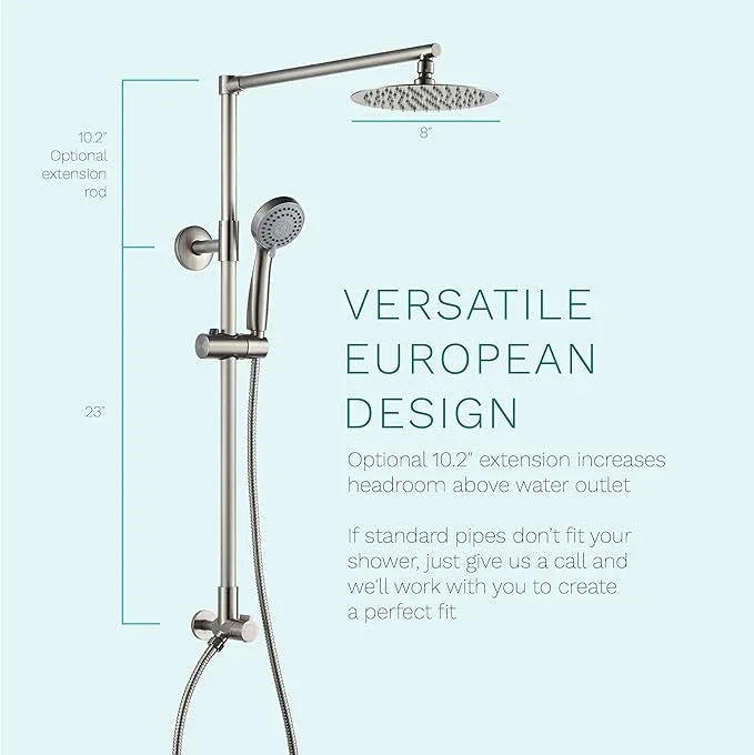 Fennocasa Polaris 3 Retrofit Rain Shower System, 3-Setting Handheld Shower Combo with Slide Bar, 8" Low Profile Shower Head (2.5 GPM Brushed Nickel) - ModernBath