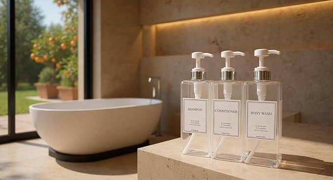 Modern Design Shampoo and Conditioner Dispenser, Large 27oz Shower Soap Dispenser, Set of 3 Refillable Empty Plastic Pump Bottles for Bathroom, 6 Waterproof Labels Included, (Clear & Silver) - ModernBath