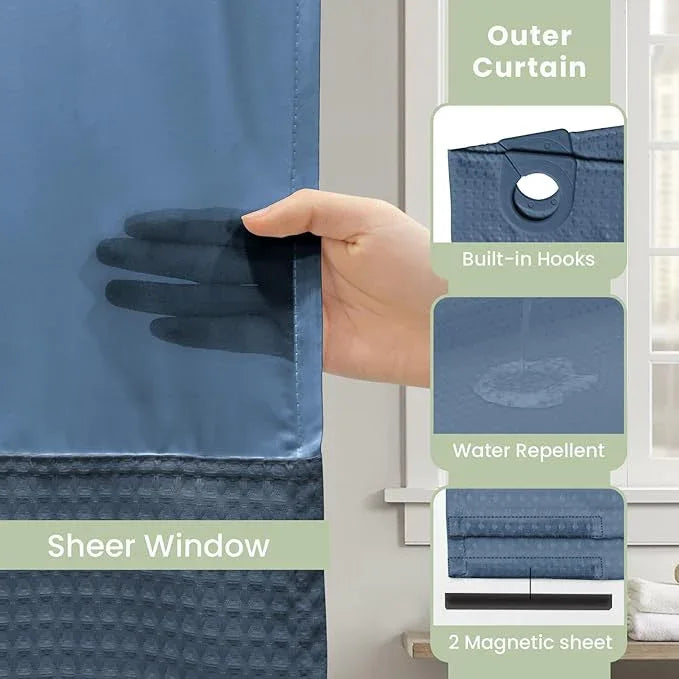 Inhousolu Extra Long No Hook Shower Curtain with Snap in Fabric Liner Set Waffle Weave 230GSM Weighted Hem, Waterproof & Washable Bathroom Curtain Spa with Mesh Top Window 72" W*84" L Moonlight Blue - ModernBath