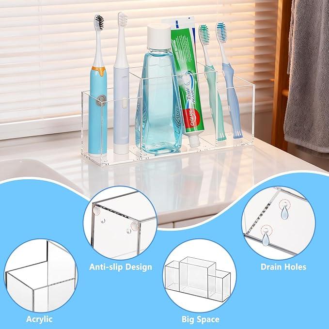 Acrylic Toothbrush Holder for Bathroom Counter, Clear Multi-Functional Toothbrush Organizer with Compartments for Electric Toothbrush, Toothpaste - ModernBath