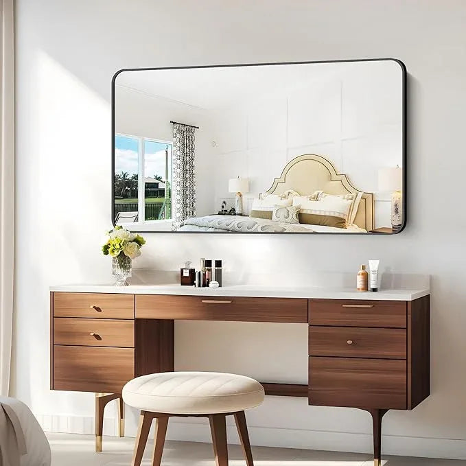 30x55 inch Bathroom Mirror,Black Rectangle Mirror,Wall Mounted Bathroom Frame Vanity Mirror with Round Corner for Bedroom Living Room, Entryway Hangs Horizontal or Vertical - ModernBath