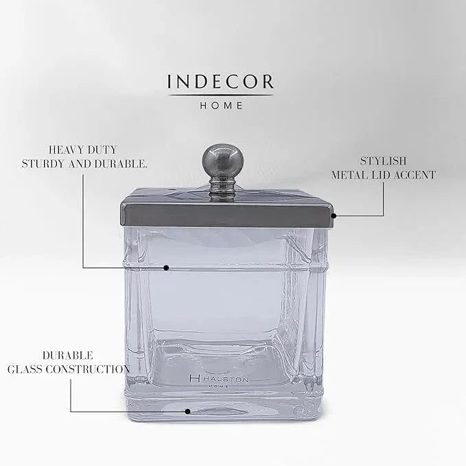 Indecor Home Apothecary Glass Cotton Jar Holder Brushed Nickel Stainless Steel Lid, Elegant Bathroom Storage Canister for Qtips, Cotton Balls, Floss, Makeup Organizer, Vanity Bathroom Organization - ModernBath