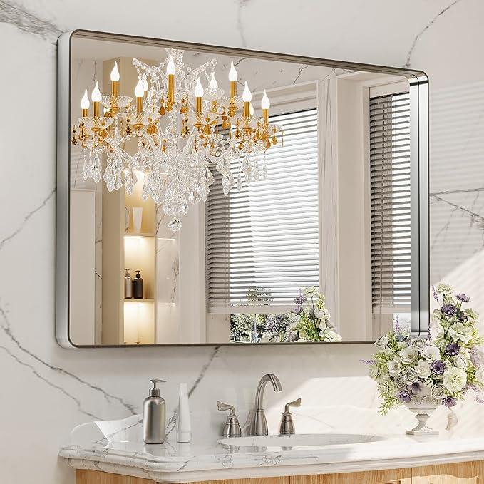 LOAAO 48X30 Inch Brushed Nickel Bathroom Mirror, Rounded Rectangle Silver Metal Frame Mirror, Brushed Nickel, Anti-Rust, Shatter Proof, Hangs Horizontally or Vertically - ModernBath